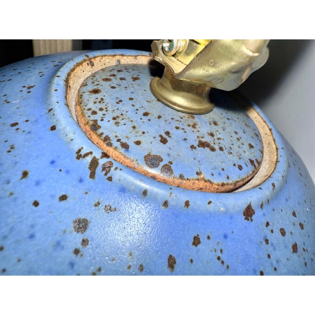 1980s Signed Robin’s Egg Glaze Finish Bulbous Turned Studio Pottery Ceramic Lamp For Sale - Image 5 of 9