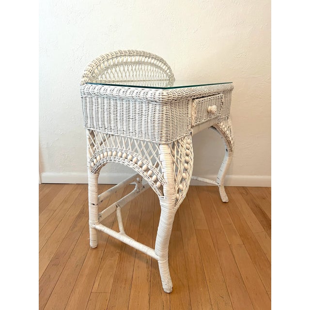 Heywood-Wakefield Vintage White Rectangular Wicker & Bamboo Desk, Console or Vanity With Glass Top, Drawer For Sale - Image 4 of 10