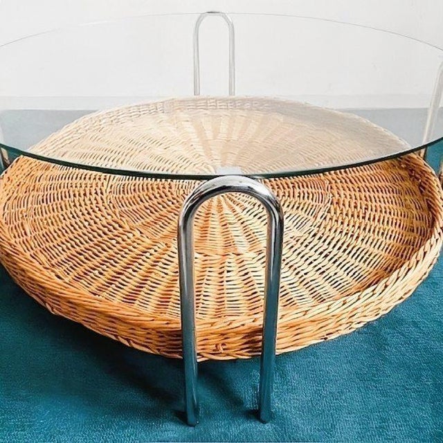 Vintage Coffee Table in Rattan and Chrome with Glass, 1970s For Sale - Image 4 of 12