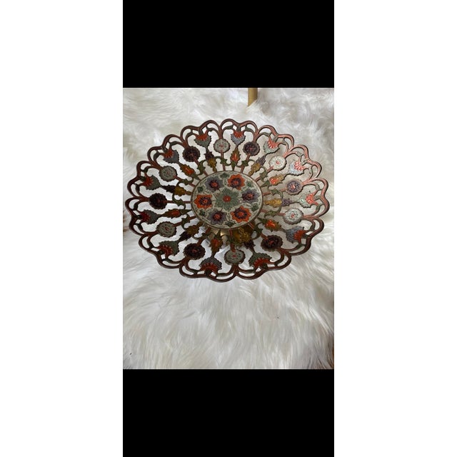 Penco Vintage Hand Painted Floral Brass Pedestal Open Decorative Bowl For Sale - Image 9 of 9