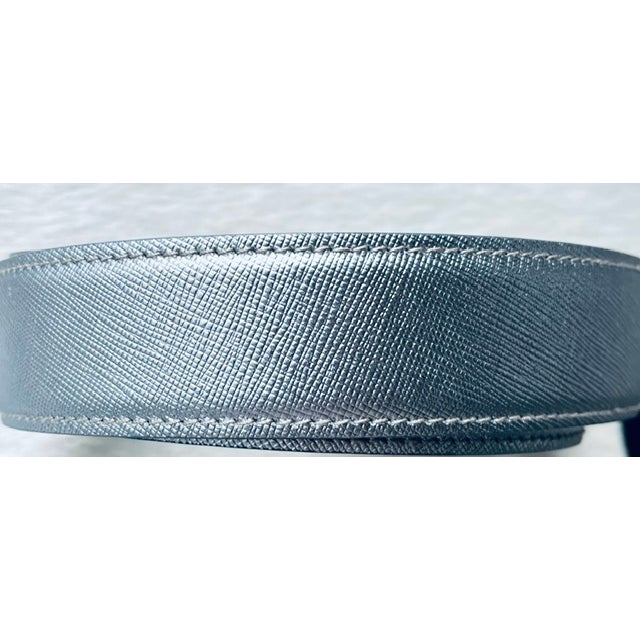 Vintage Prada Silver Saffiano Leather Belt - Engraved Oval Buckle, Made in Italy For Sale - Image 10 of 13