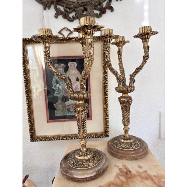 Pair of Vintage Ornate Brass 3-Arm Candelabra With Onyx Bases, 14” For Sale - Image 9 of 10