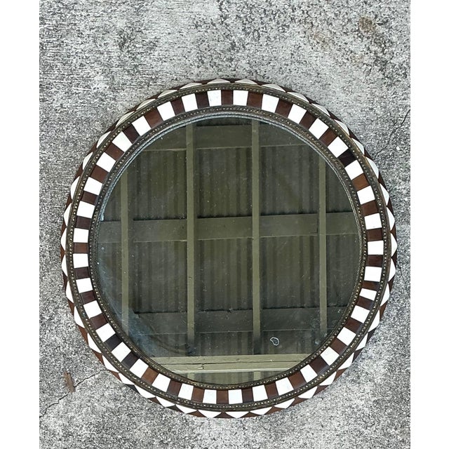 Brown Vintage Moroccan Round Inlaid Wood Wall Mirror For Sale - Image 8 of 12