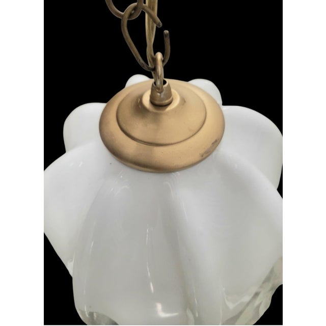 Murano Vintage Murano Glass Opaline White Clear Ruffled Tulip 1 Light Chandelier Fixture For Sale - Image 4 of 7