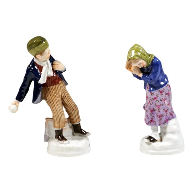 Art Nouveau Meissen Snowball Thrower & Girl Figurines by A. Koenig, 1910s, Set of 2 For Sale