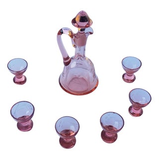 Art Nouveau Pink Crystal Glass Decanter with 6 Glasses, 1910s, Set of 7 For Sale