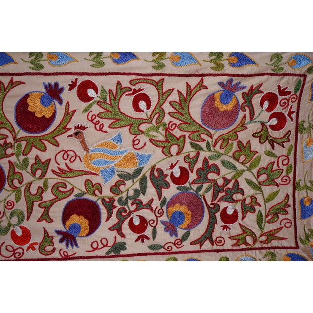 Textile Floral Suzani Embroidery - Silk Cotton Blend Bird Table Runner Tapestry 1'8'' X 6'3'' For Sale - Image 7 of 12