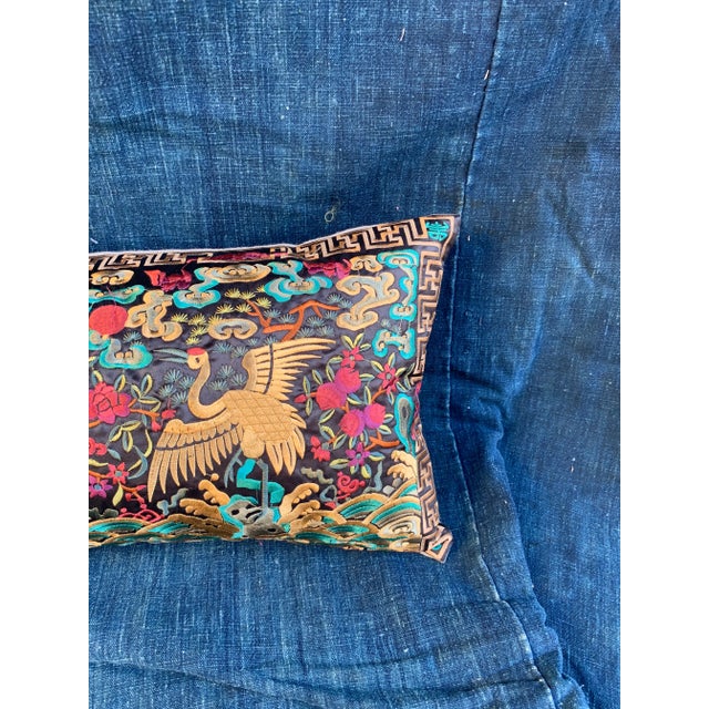 Boudoir lumbar pillow made of a vintage colorful embroidered silk Asian textile fragment from a Chinese Opera Robe. A...