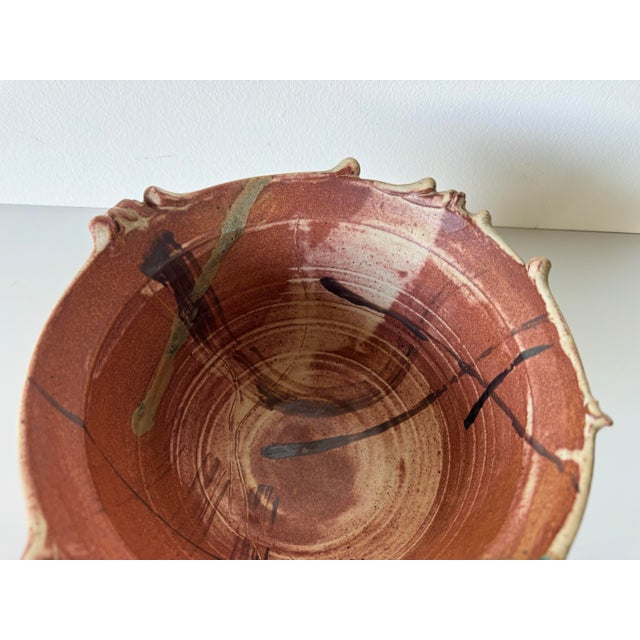 80's Vintage M. Polenberg Art Pottery Bowl With Sculpted Rim and Abstract Design Interior For Sale - Image 10 of 12