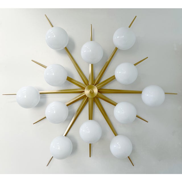 Italian 21st Century Star Satin Brass Glossy White Murano Flush Mount by Fabio LTD For Sale - Image 3 of 5