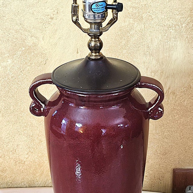 Vintage Burgundy Glazed Ceramic Table Lamp With Bell Shade, Circa Late 20th Century For Sale - Image 9 of 18