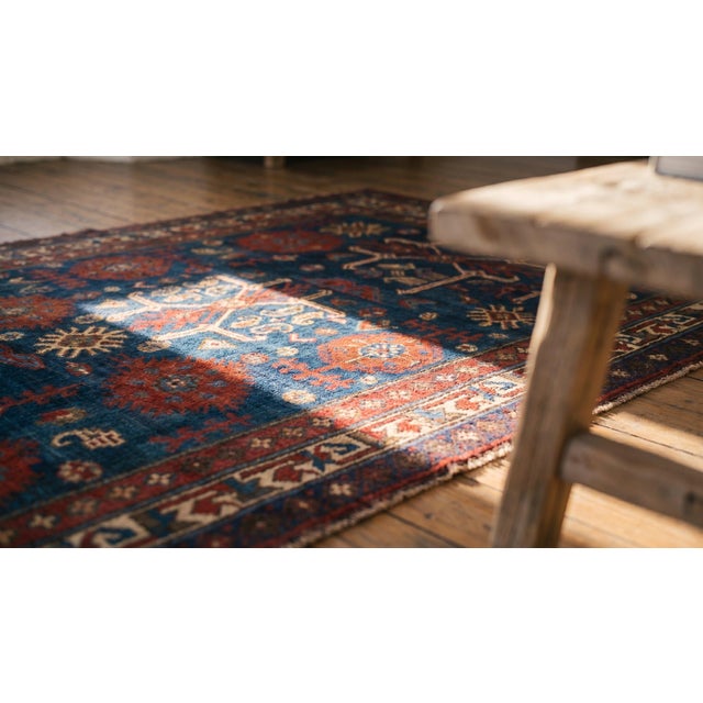 Textile 1880s Blue Geometric Tribal Antique Caucasian-Zeychor Rug 5'10" X 12'0" Handknotted Wool Carpet For Sale - Image 7 of 7