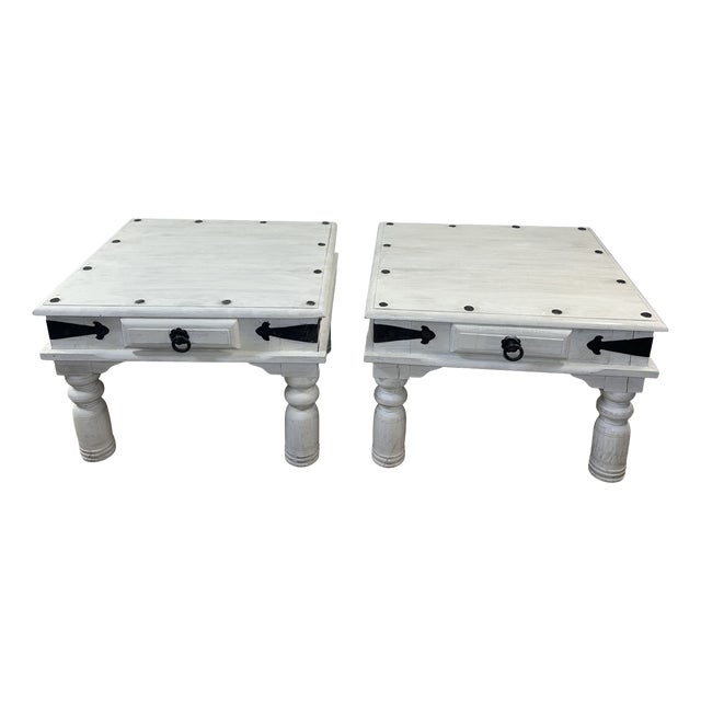 Coffee Tables in White-Washed Wood and Black Wrought Iron, 1990s, Set of 2 For Sale