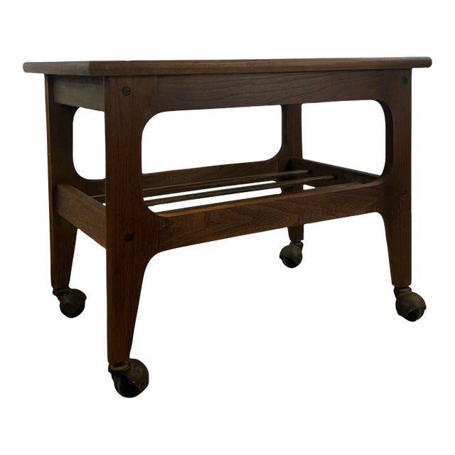 Mid Century Modern End Table With Black Vinyl Top and Wheels For Sale