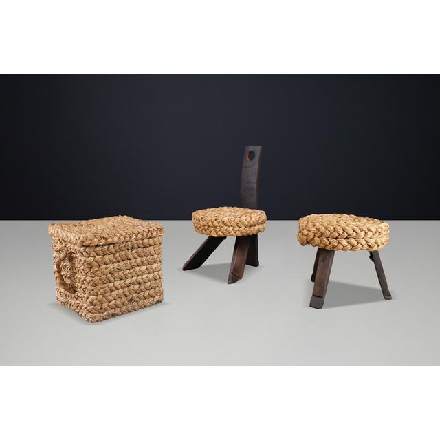 Vintage French Rope Chair with Stool and Basket from Audoux Minet, 1960s, Set of 3 For Sale - Image 9 of 15