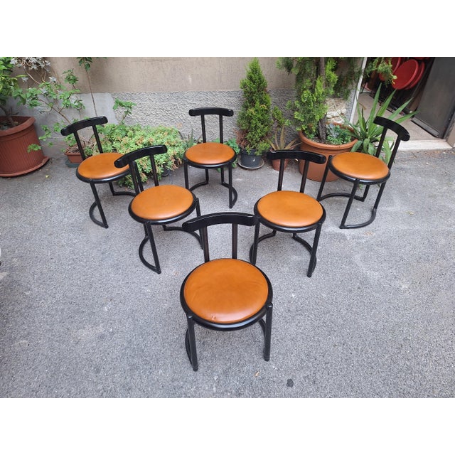 Chairs in Black Lacquered Wood with Brown Leather Seats attributed to Tito Agnoli, 1960s, Set of 6, in Very Good...