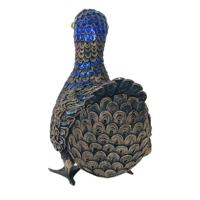 Early 20th Century Vintage Filigree Enamel Duck Bird Figurine Sterling Silver Beak and Feet Blue & Gold With Green Eyes For Sale - Image 5 of 16