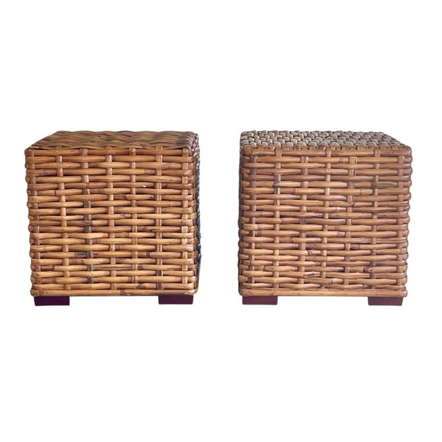 Early 21st Century Vintage British Colonial Rattan Cube End Tables, Architectural Form | Pair For Sale - Image 5 of 12