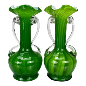 Mid-Century Atomic Sculpted Spiraled Green Art Glass Vases - a Pair
