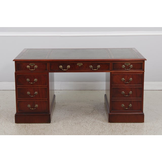 English English Mahogany 3 Panel Leather Top Executive Desk For Sale - Image 3 of 16