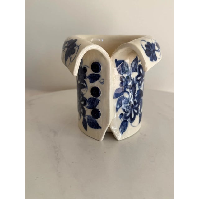 Folk Art Signed Studio Pottery Figural Jacket Vase – Blue & White Floral Ceramic Sculpture – Artisan Vessel For Sale - Image 3 of 10