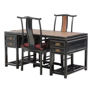 Antique Chinese Black Lacquer Scholar Travel Desk & Two Yoke Back Chairs For Sale