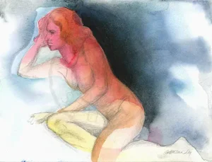 Kathleen Ney Original Mixed Media Drawing of a Female Figure with Watercolor