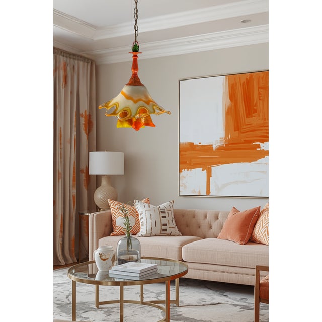 Murano Art Glass Looped Abstract Orange White Pendant Light For Sale - Image 16 of 18