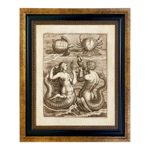 Mermaid & Merman Nautical Illustration 5" X 6" Framed Reproduction Print Behind Glass
