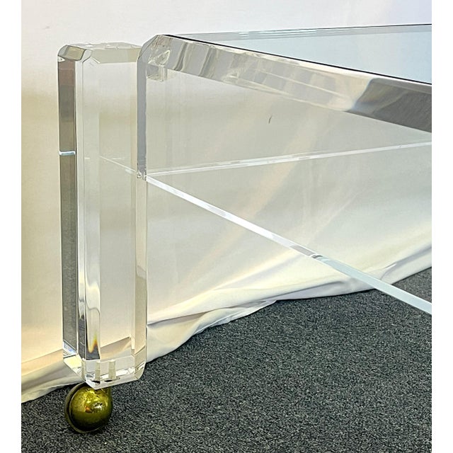 1970's Charles Hollis Jones Style Lucite and Glass Coffee Table on Casters For Sale - Image 9 of 12