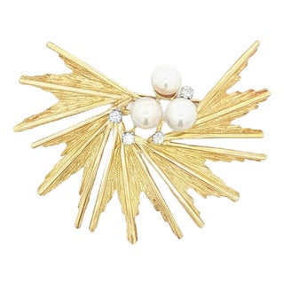 Late 20th Century Henry Dunay Pearl and Diamond Modern Spray Brooch For Sale