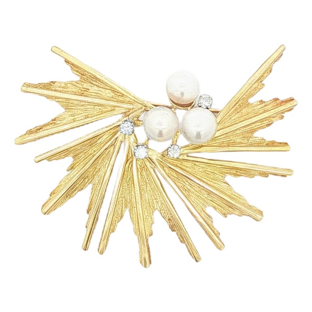 Late 20th Century Henry Dunay Pearl and Diamond Modern Spray Brooch For Sale