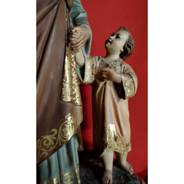 Brown Large Religious Statue of Saint Joseph and the Baby Jesus in Polychrome Terracotta and Gilded Wood For Sale - Image 8 of 11
