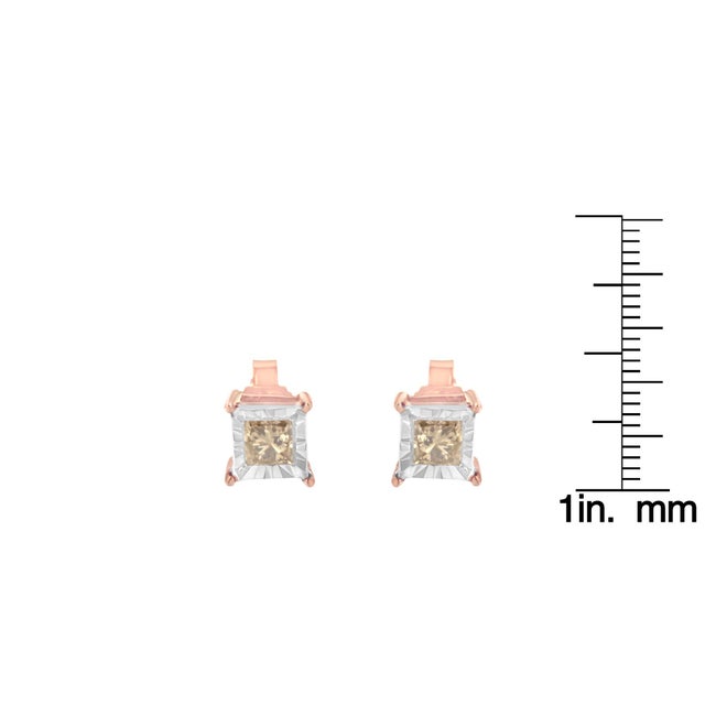 14K Rose Gold Plated Two-Tone .925 Sterling Silver 1/2 Cttw Princess-Cut Square Diamond Solitaire Miracle-Plate Stud Earrings K-L Color, I2-I3 Clarity For Sale In New York - Image 6 of 6