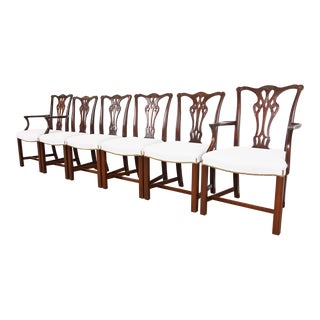 Baker Furniture Georgian Carved Mahogany Dining Chairs, Newly Reupholstered For Sale
