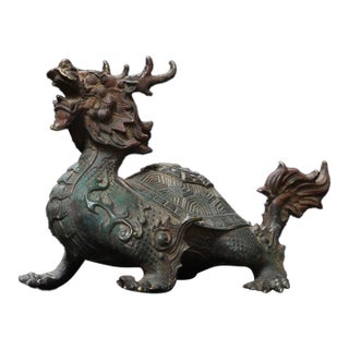 Late 19th Century Gilt Bronze Dragon Turtle Statue on Wooden Stand, 1.5kg For Sale