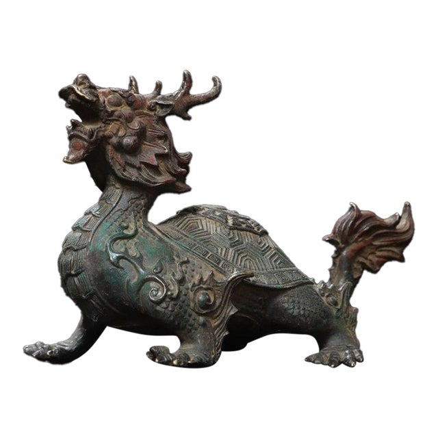 Late 19th Century Gilt Bronze Dragon Turtle Statue on Wooden Stand, 1.5kg For Sale