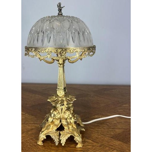 Vintage French Style Brass Ornate Table Lamp with Cut Glass Shade For Sale - Image 16 of 16