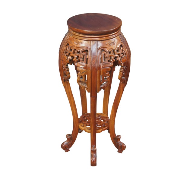 Chinoiserie Mid 20th Century Round Chinoiserie Carved Mahogany Plant Stand Sculpture Pedestal For Sale - Image 3 of 11