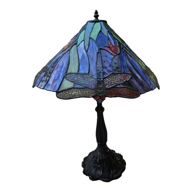 Vintage Tiffany Style Dragonfly Table Lamp For Sale