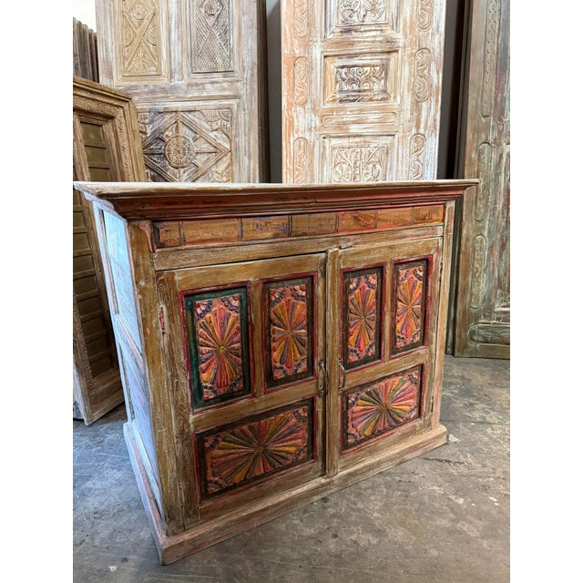 1920s Antique Boho Vanity Hand-Carved Pink Sideboard Cabinet With Sunburst Doors For Sale - Image 5 of 8