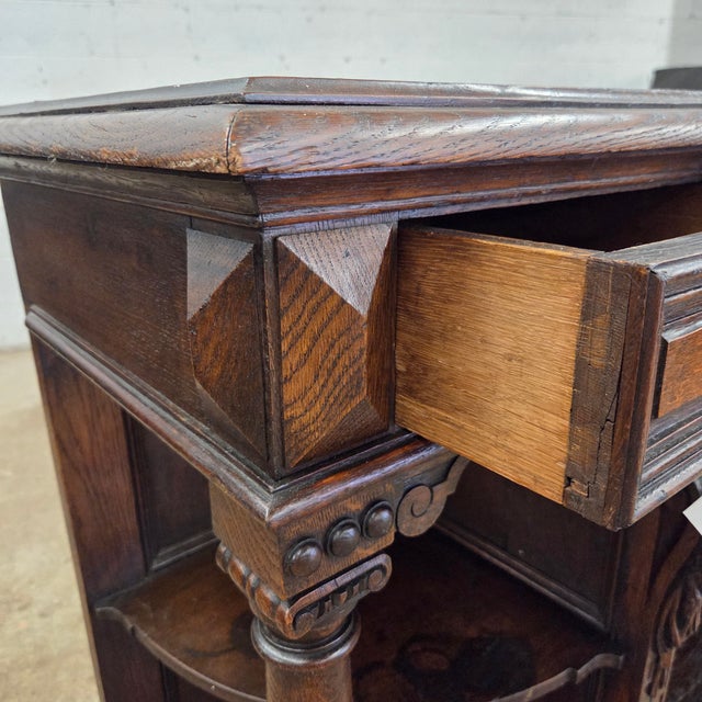Oak Antique Jacobean Style Walnut Buffet With Ornate Carved Legs, Drawers, & Open Shelving For Sale - Image 9 of 18