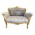 Vintage French Louis XVI Style Settee, Hand-Carved Gold Frame, Tufted Beige Velvet, Tapestry Backrest For Sale