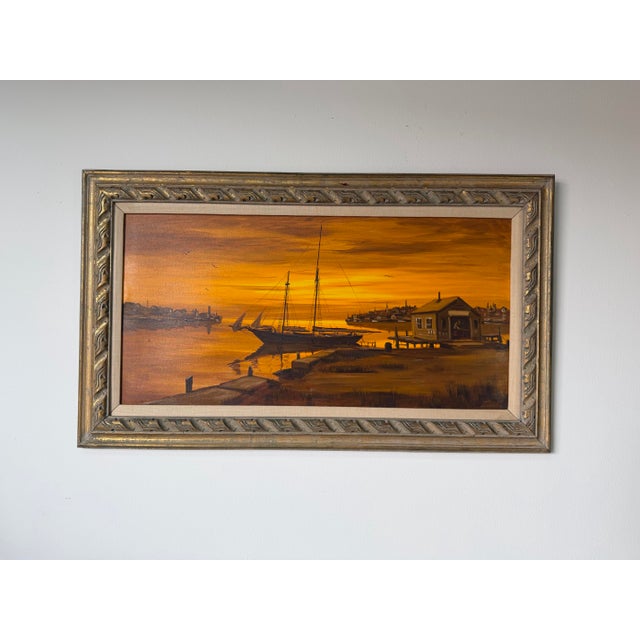 Mid-Century Modern 1970’s Charles Stepule Sunset Harbor Scene Oil on Canvas Painting, Wood Framed For Sale - Image 3 of 12