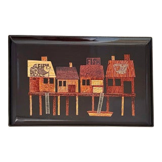 Classic Vintage Mid-Century Modern Couroc of Monterey, California Coastal, Nautical Themed ‘Fisherman’s Wharf’ With Hand Inlaid Wood & Brass Detailing For Sale
