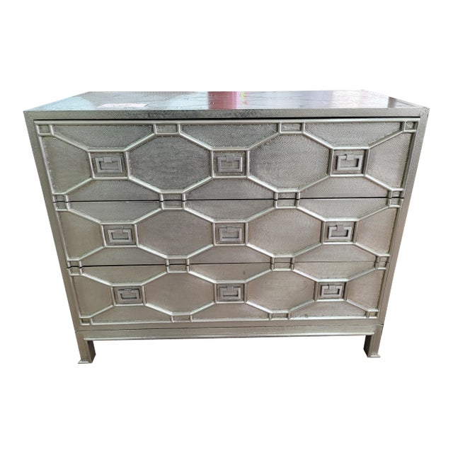 Global Views Metal Clad Chinese Chippendale Trellis Pattern Greenbrier 3 Drawer Chest of Drawers For Sale