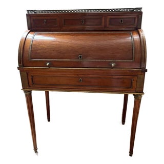 19th-C. French Louis XVI Style "Plum Pudding" Mahogany Cylinder Desk For Sale