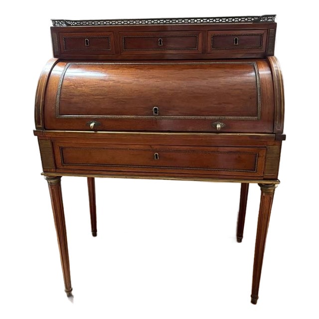 19th-C. French Louis XVI Style "Plum Pudding" Mahogany Cylinder Desk For Sale
