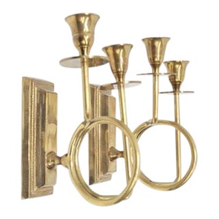 Vintage 1980s Brass Wall Sconce French Horn Candlestick Holders - a Pair For Sale