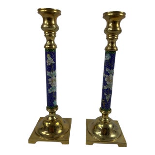 1980s Brass and Cloisonne' Candlesticks - Set of 2 For Sale